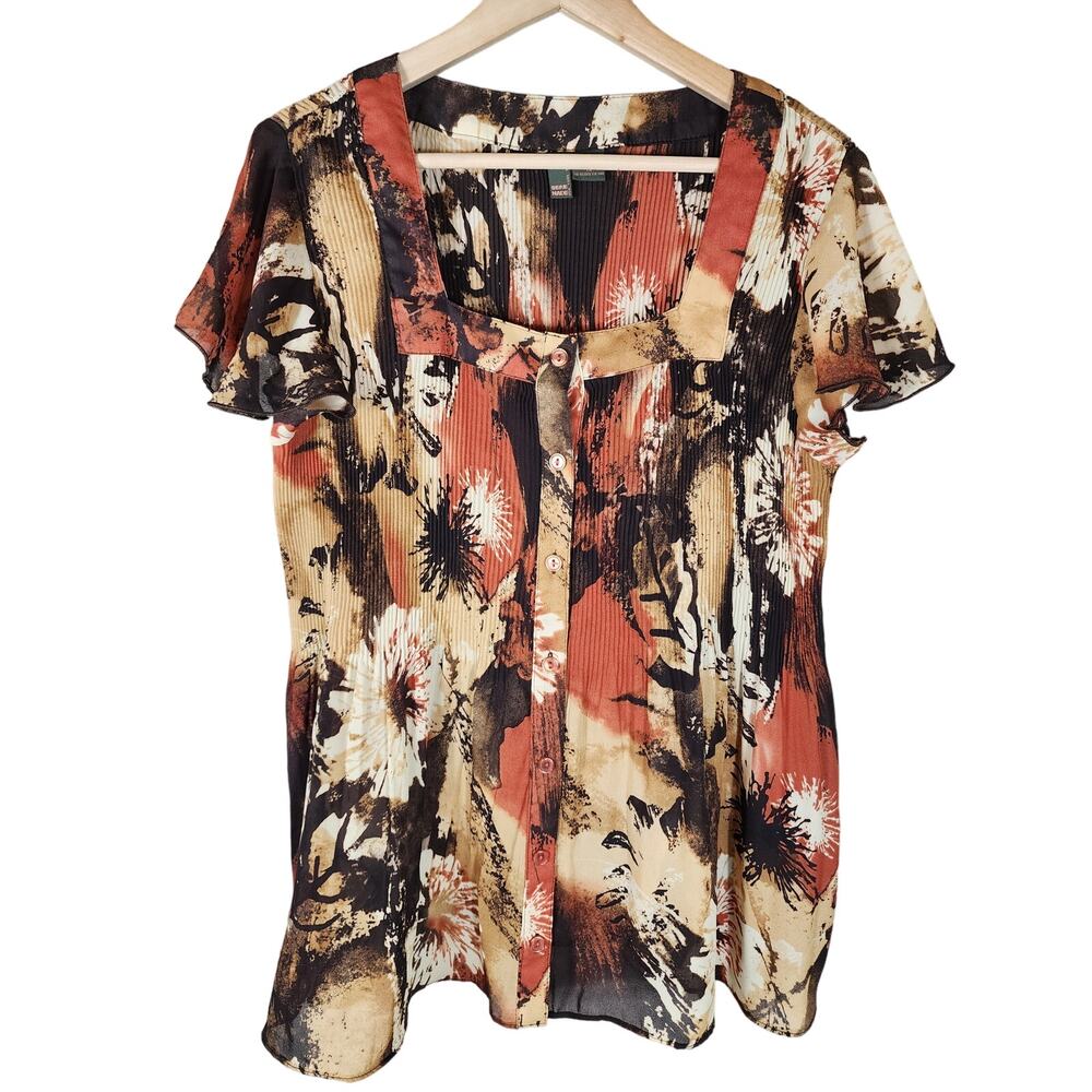 SERE NADE Women's Brown Tan Orange Floral Ruched Stretch Top SZ 1X